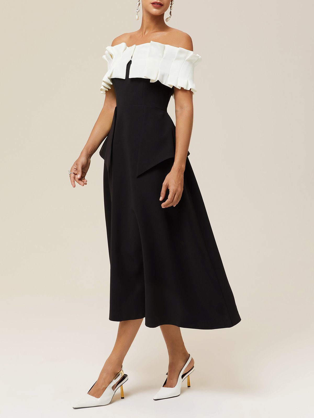 Black Ruched Classic Off The Shoulder Short Sleeve A-Line Midi Dress