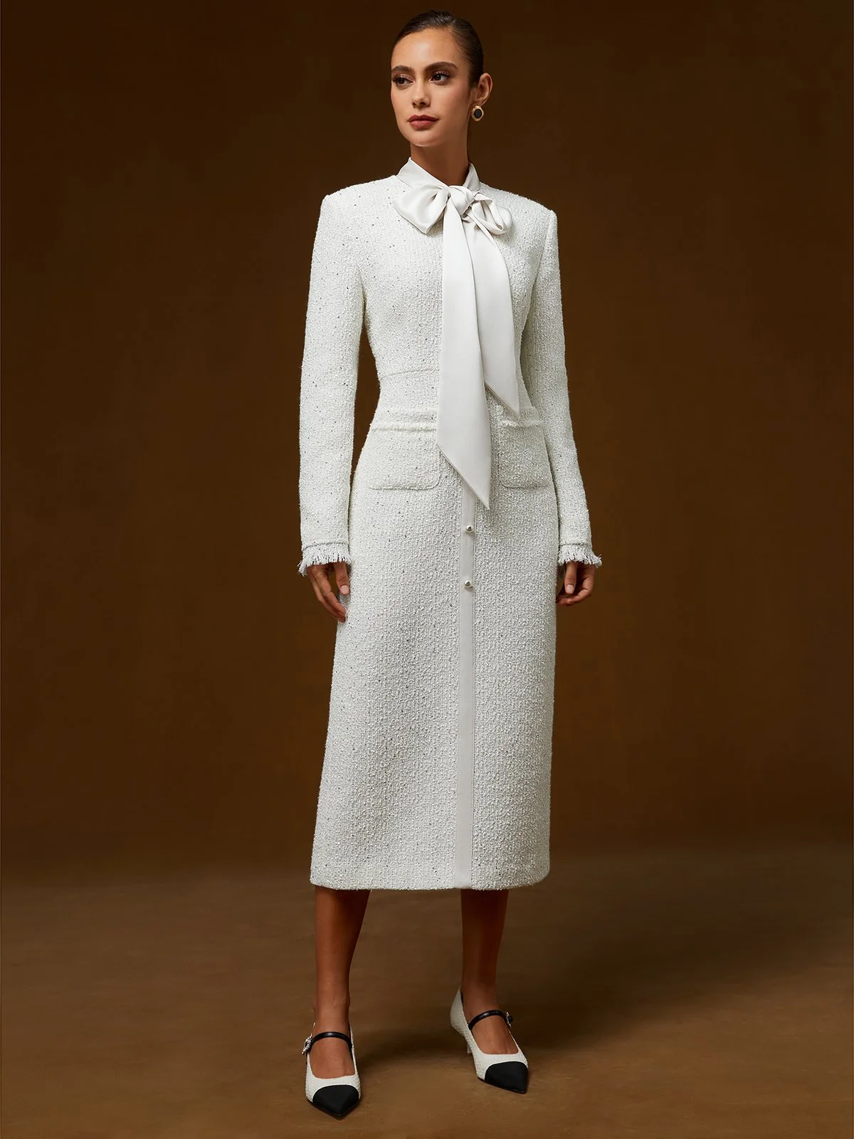 White Bow Long Sleeve Sheath Midi Tweed Blazer Dress