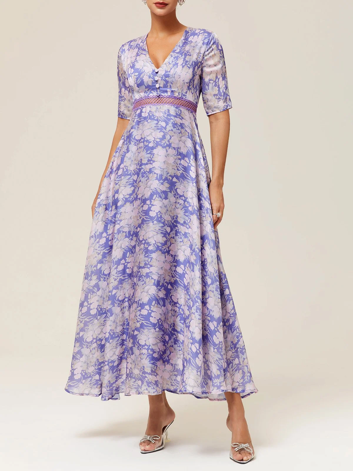 Purple Floral Short Sleeve A-Line Maxi Chiffon Dress