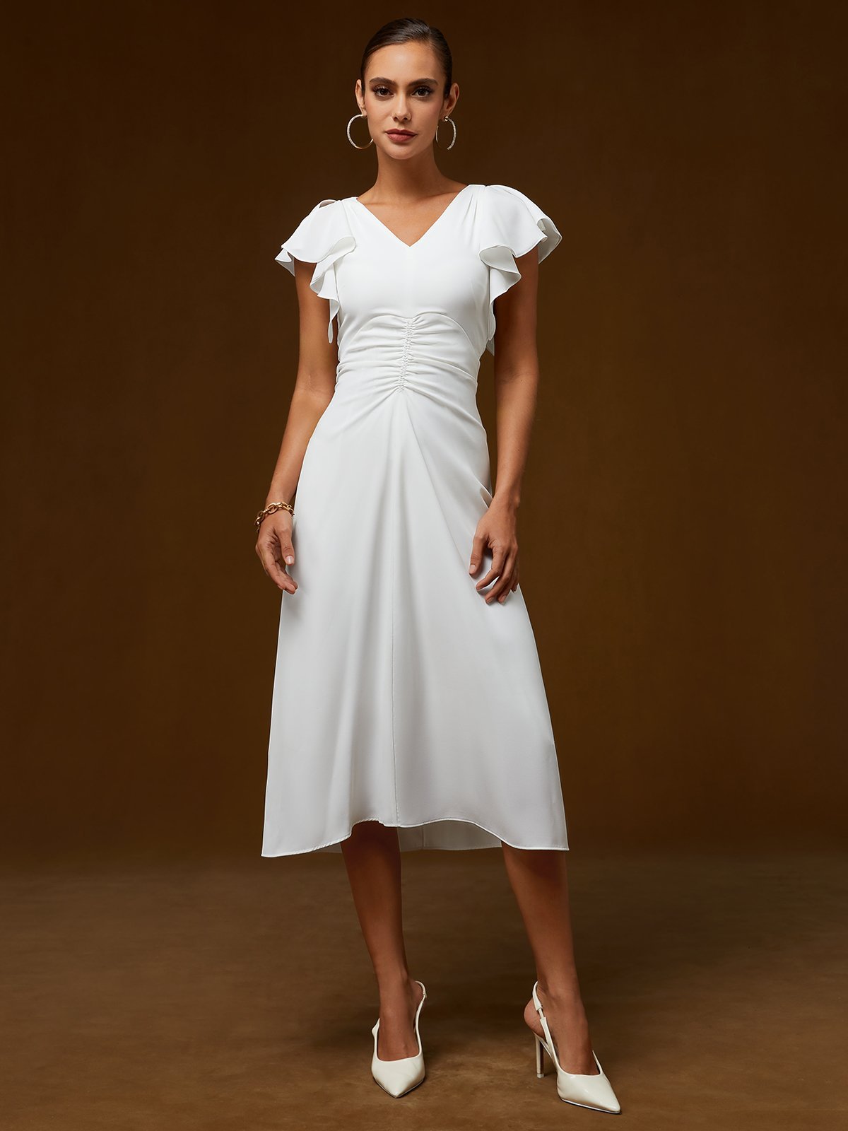 White Peplum V Neck Sleeveless A-Line Midi Dress