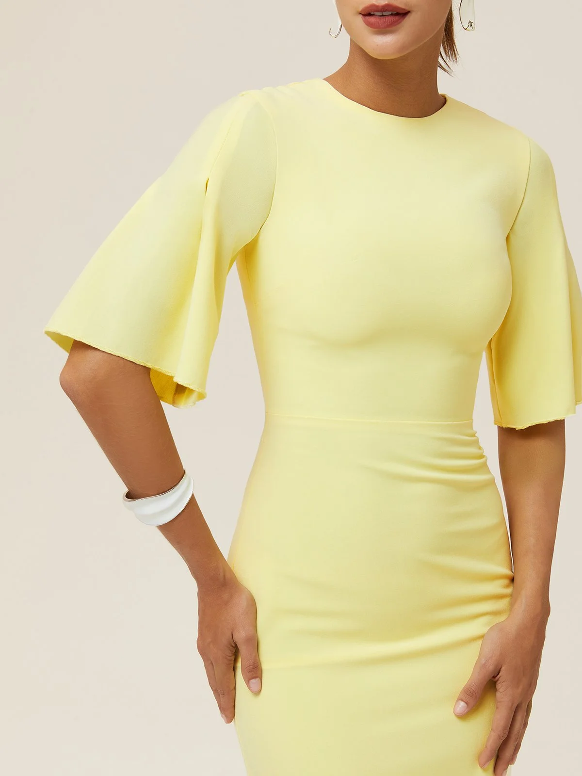 Yellow Zipper Short Sleeve Sheath Midi Dress