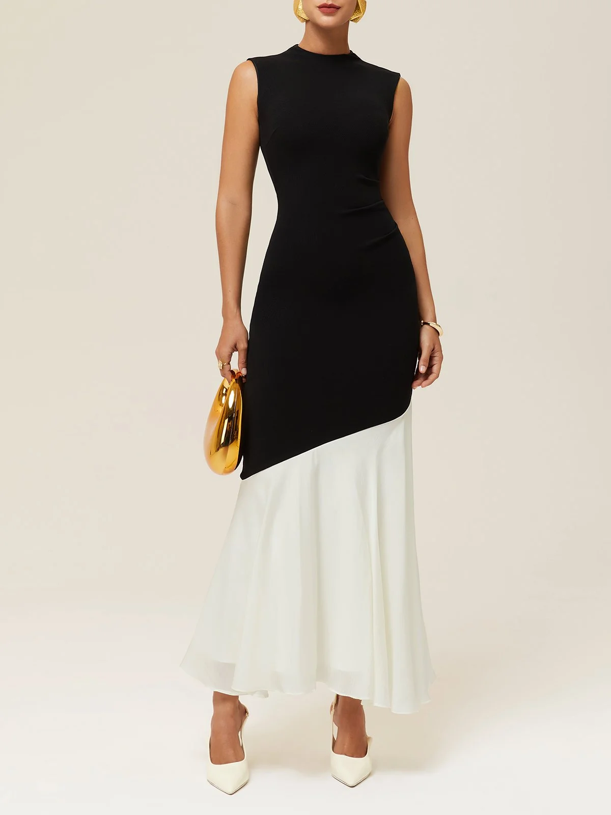 Black Chiffon Color Block Crew Neck Sleeveless Sheath Midi Dress