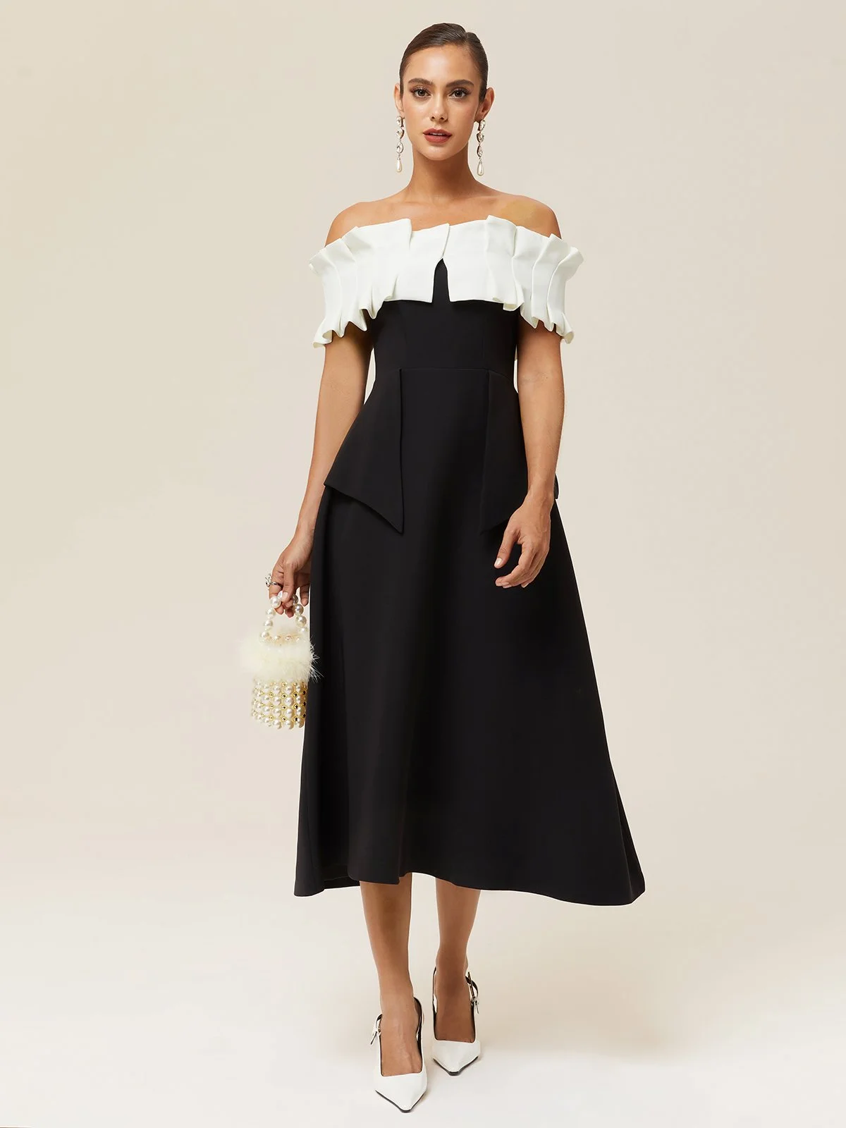 Black Ruched Classic Off The Shoulder Short Sleeve A-Line Midi Dress