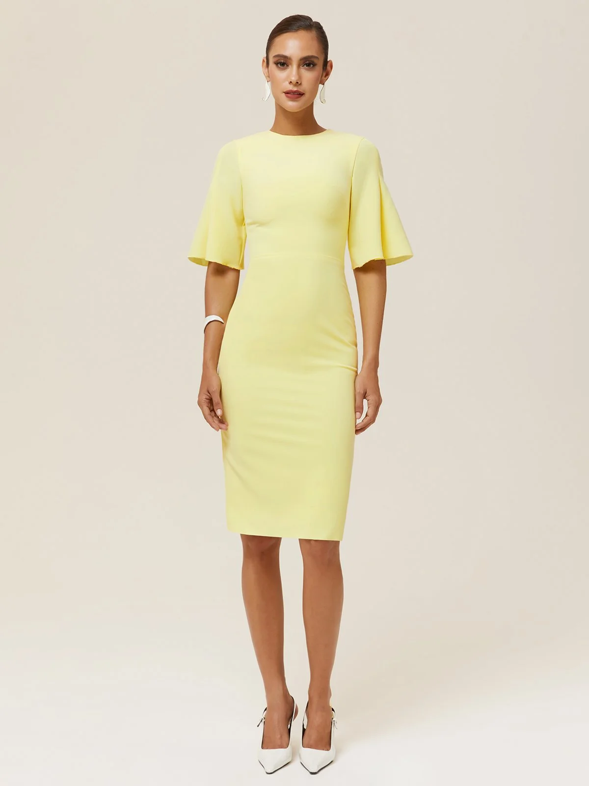 Yellow Zipper Short Sleeve Sheath Midi Dress