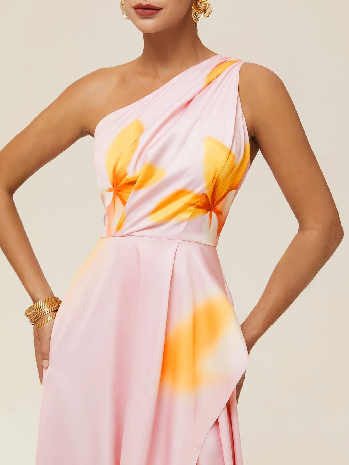 Orange Pink Floral One-Shoulder Slit A-Line Gown