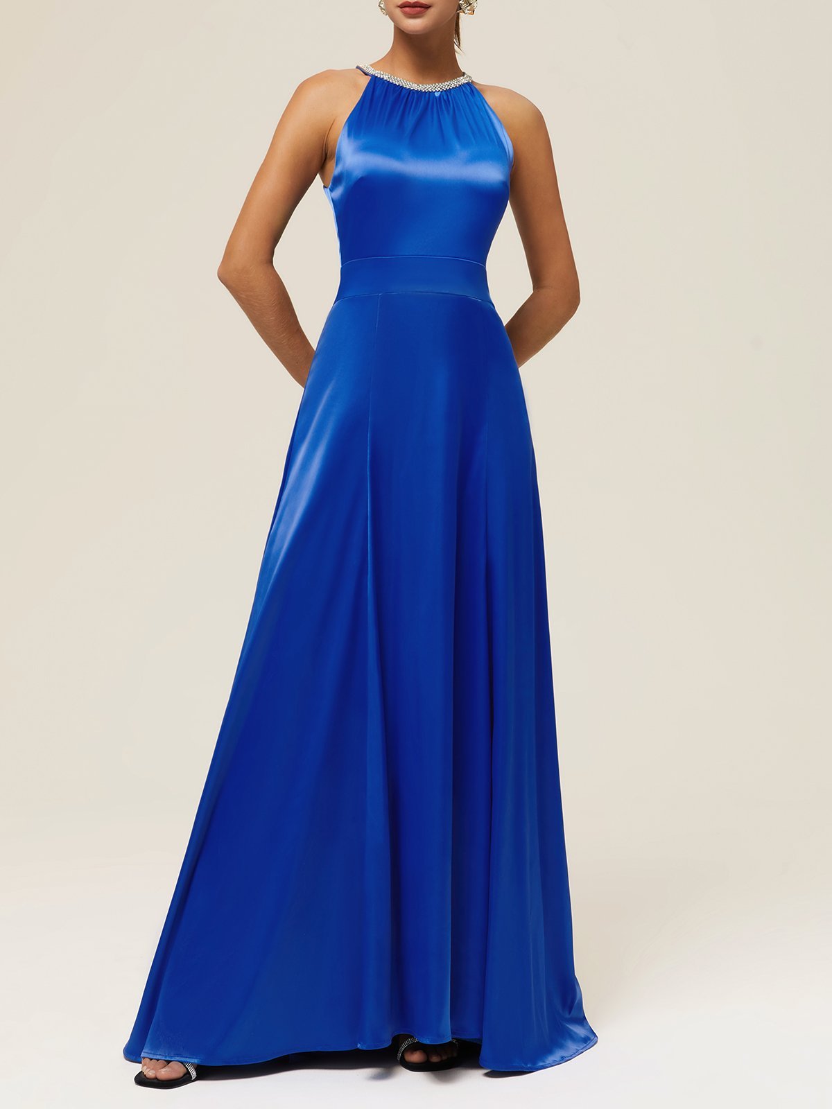 Blue Rhinestone Halter Sleeveless A-Line gown