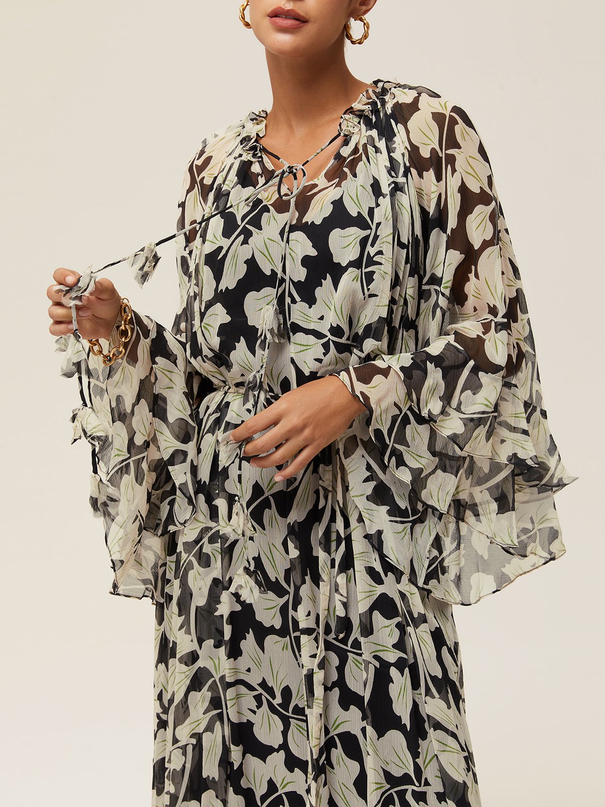 Black Peplum Floral Long Sleeve A-Line Midi Chiffon Dress