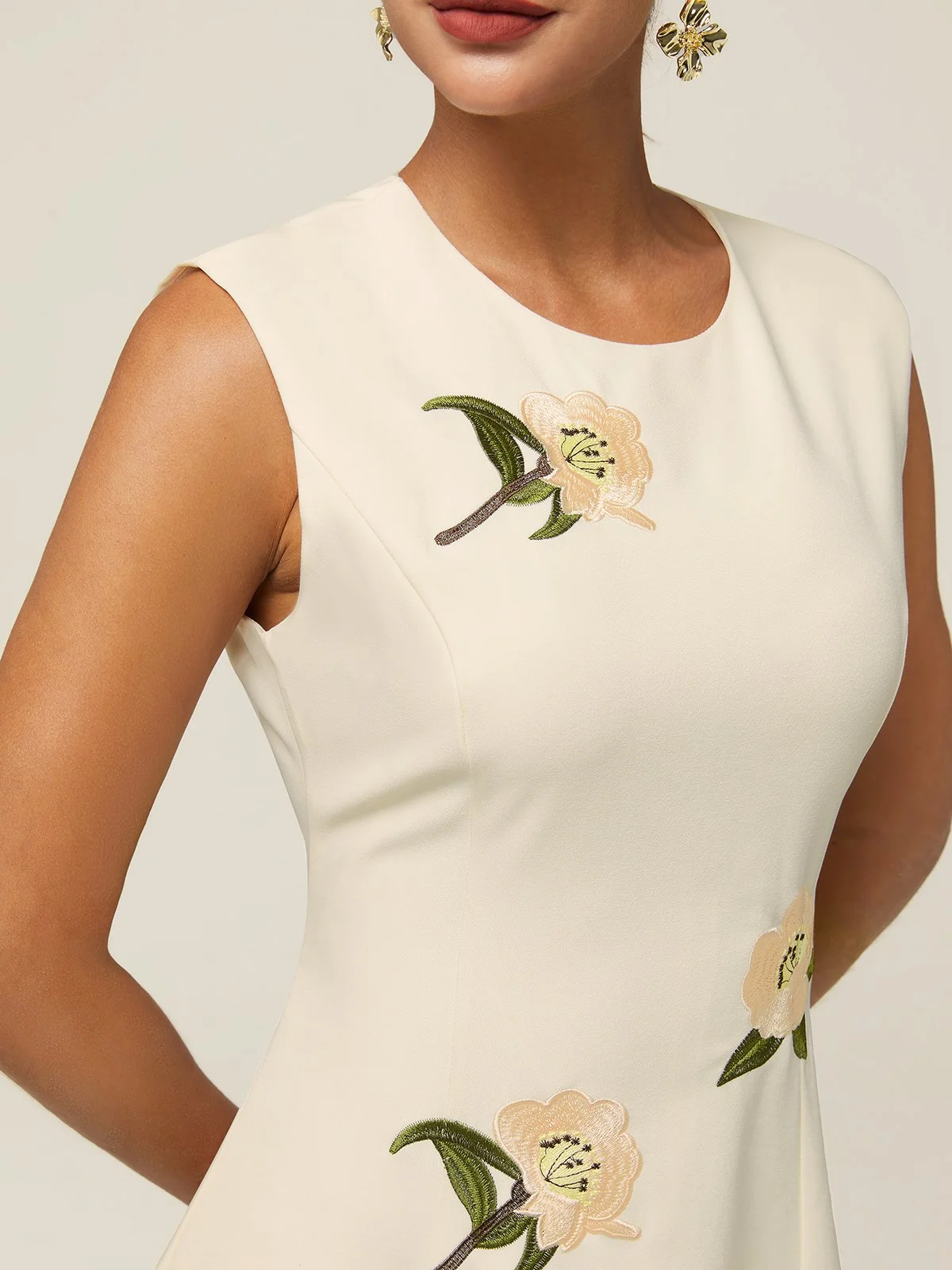 Off White Floral  Embroidery A-Line Midi Dress