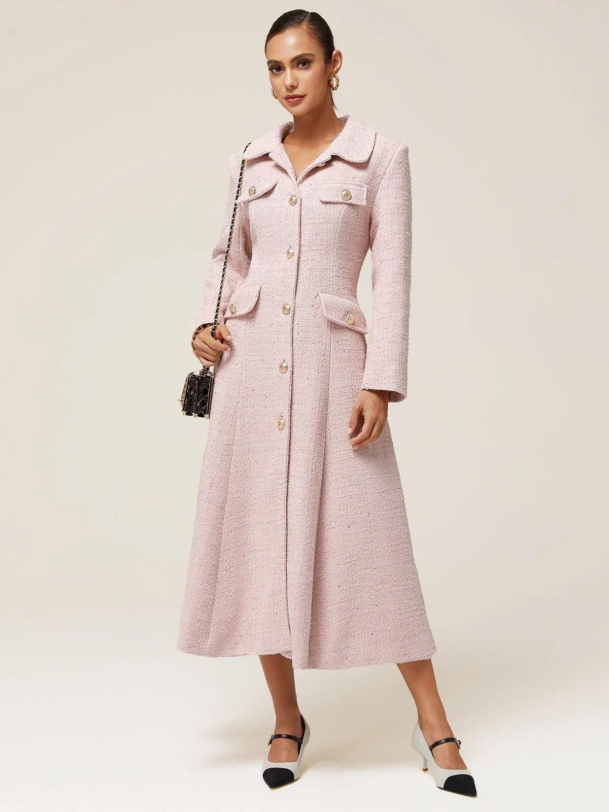 Pink Tweed Buckle Shawl Collar Long Sleeve A-Line Blazer Midi Dress