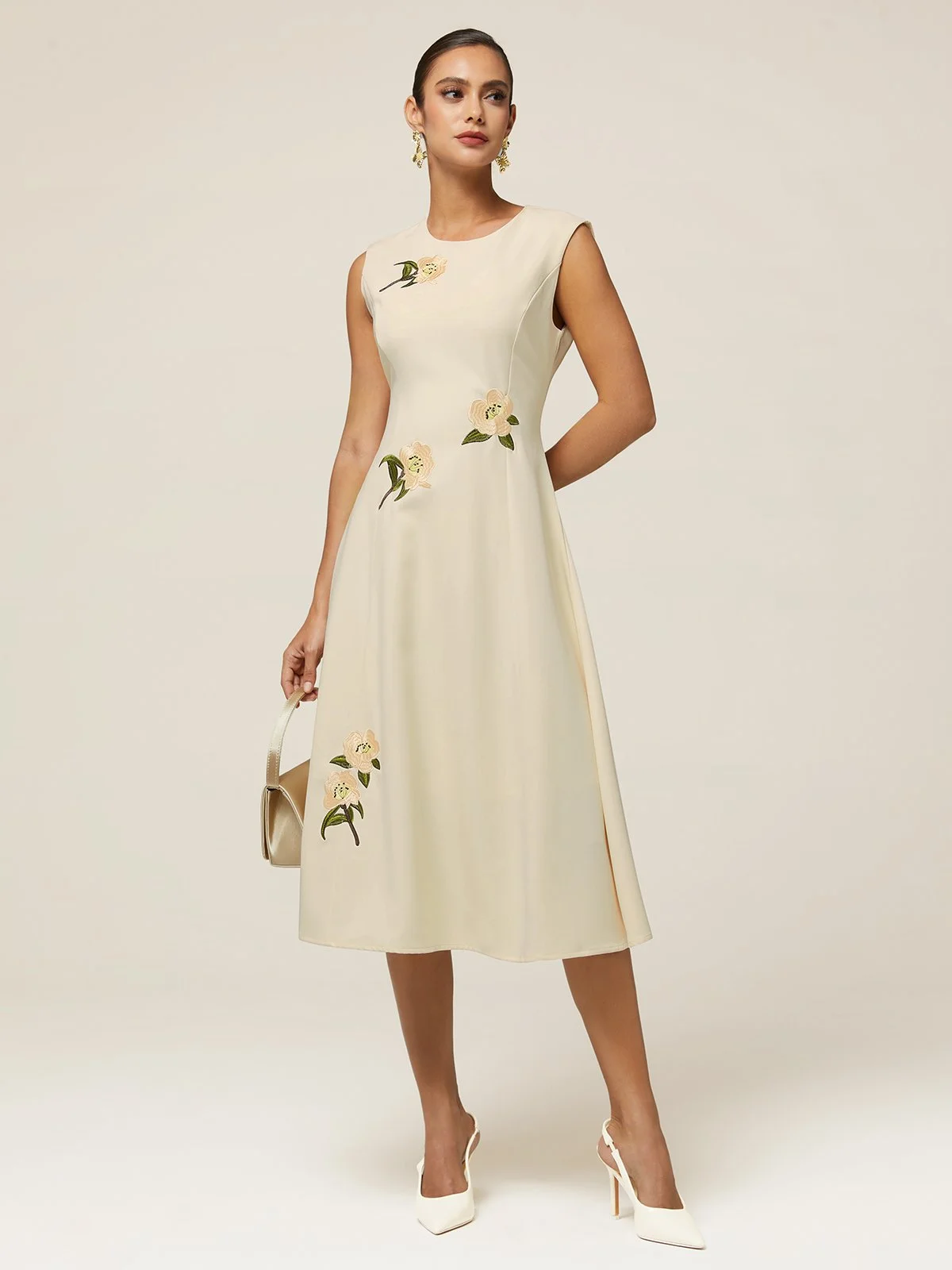 Off White Floral  Embroidery A-Line Midi Dress