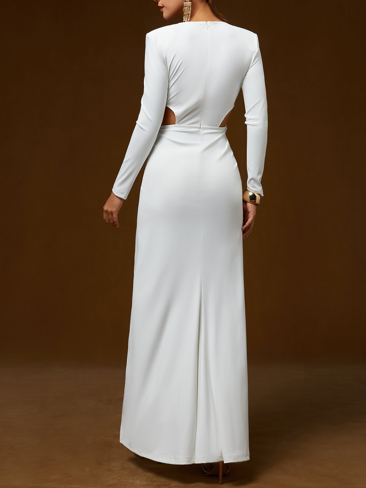 White Rhinestone V Neck Long Sleeve Sheath Maxi Dress