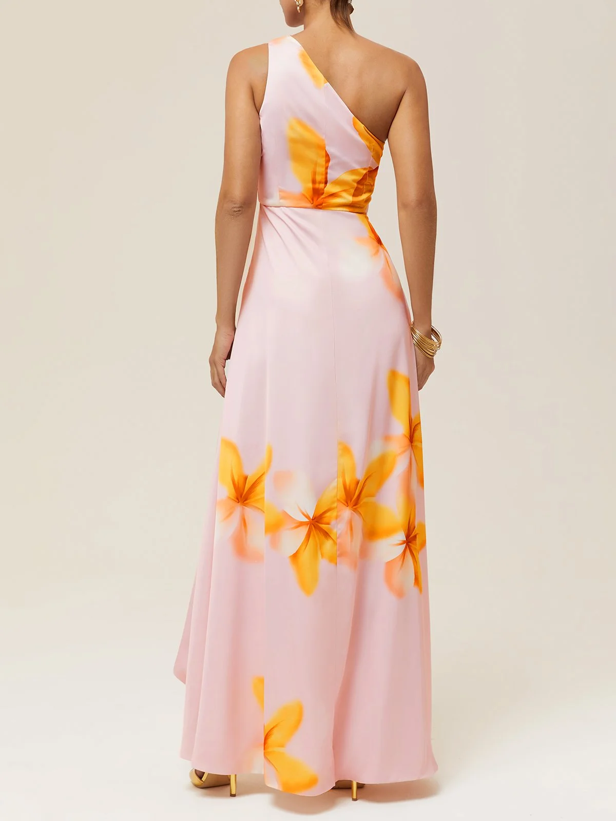 Orange Pink Floral One-Shoulder Slit A-Line Gown