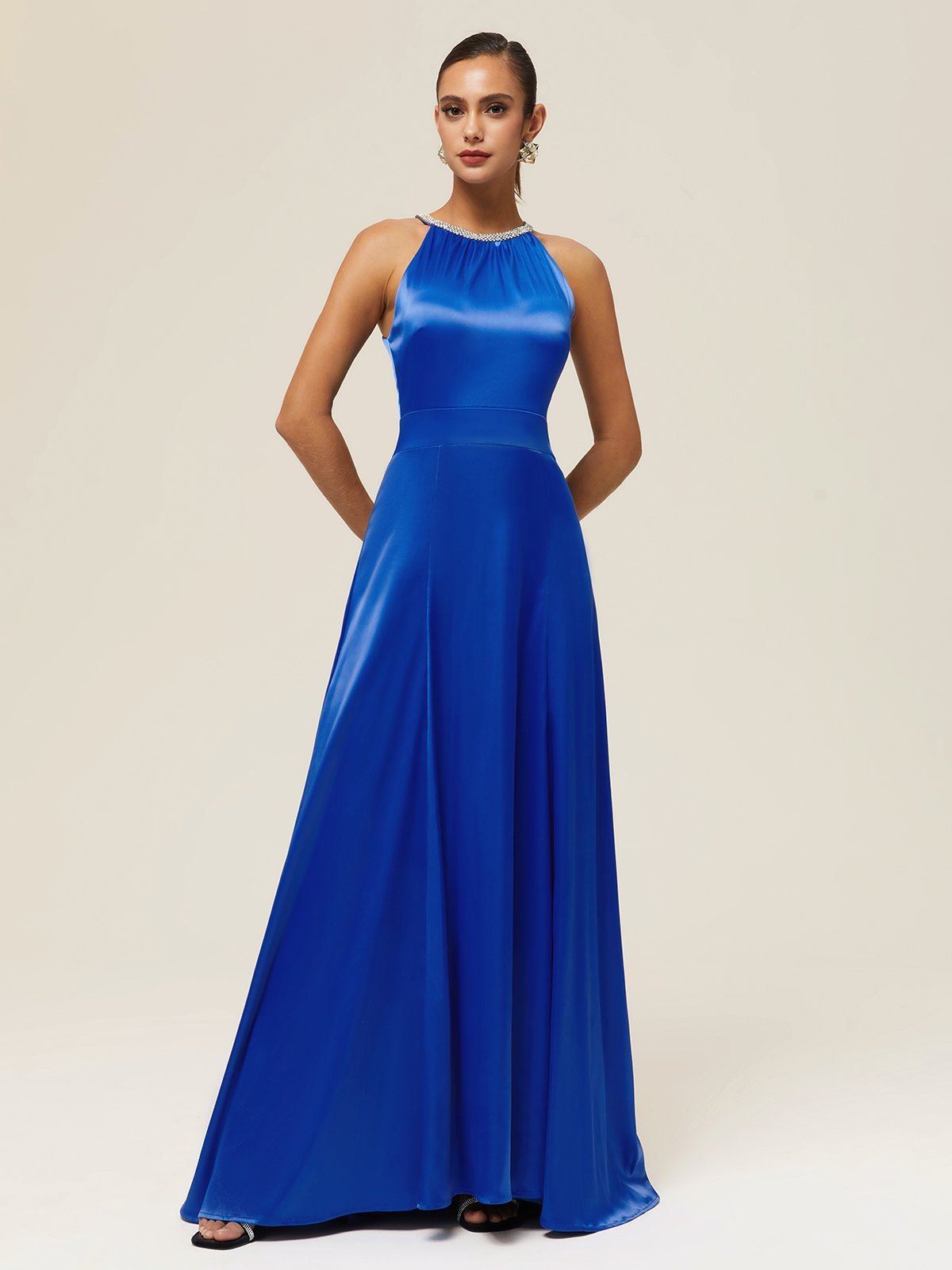 Blue Rhinestone Halter Sleeveless A-Line gown