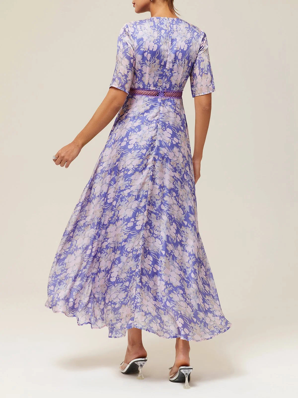 Purple Floral Short Sleeve A-Line Maxi Chiffon Dress