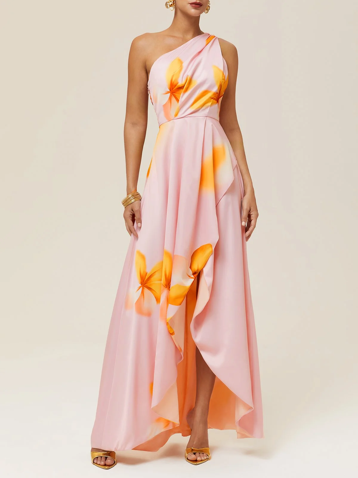 Orange Pink Floral One-Shoulder Slit A-Line Gown