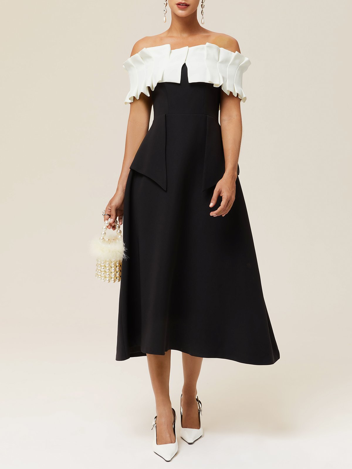 Black Ruched Classic Off The Shoulder Short Sleeve A-Line Midi Dress