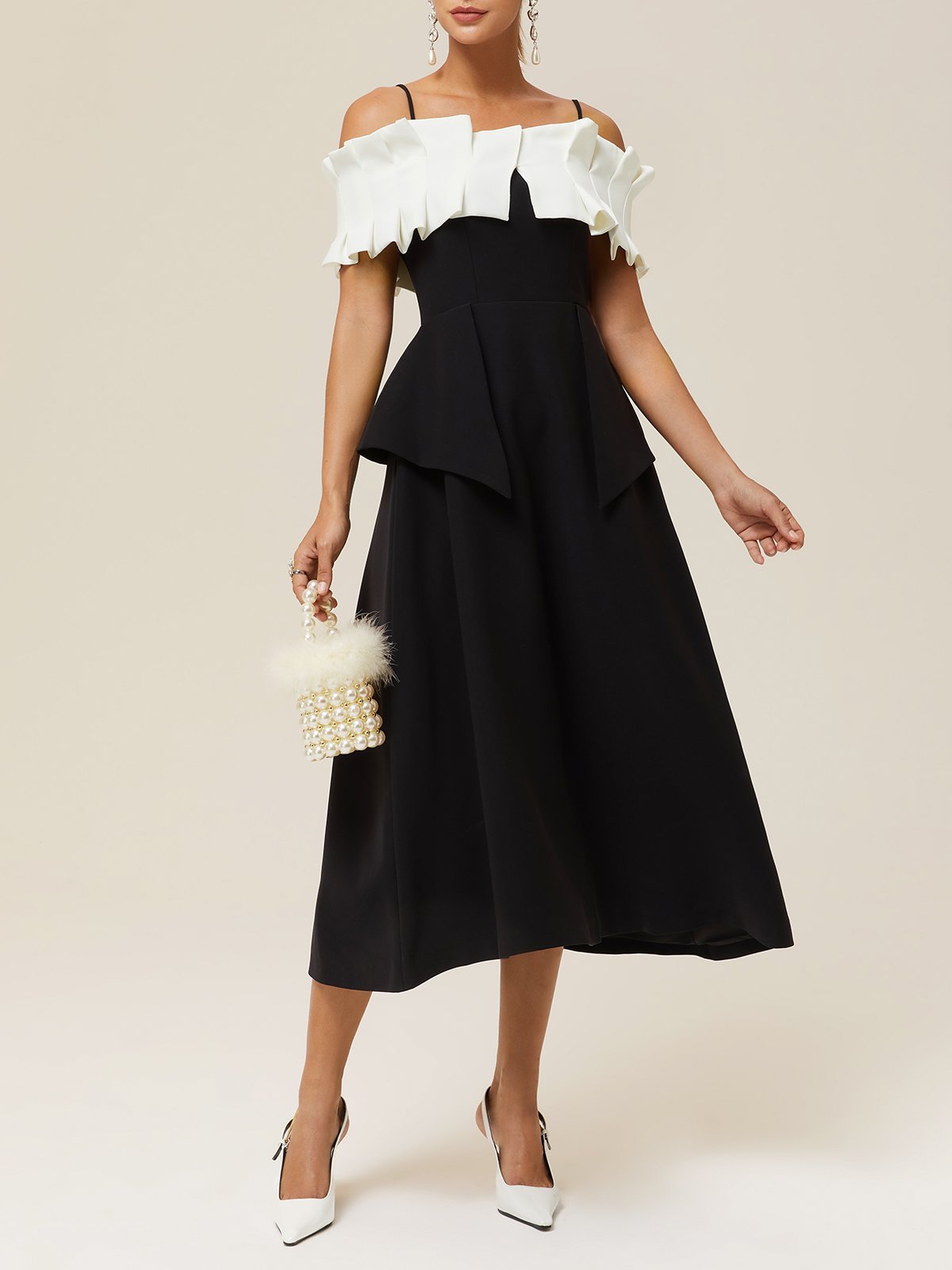 Black Ruched Classic Off The Shoulder Short Sleeve A-Line Midi Dress