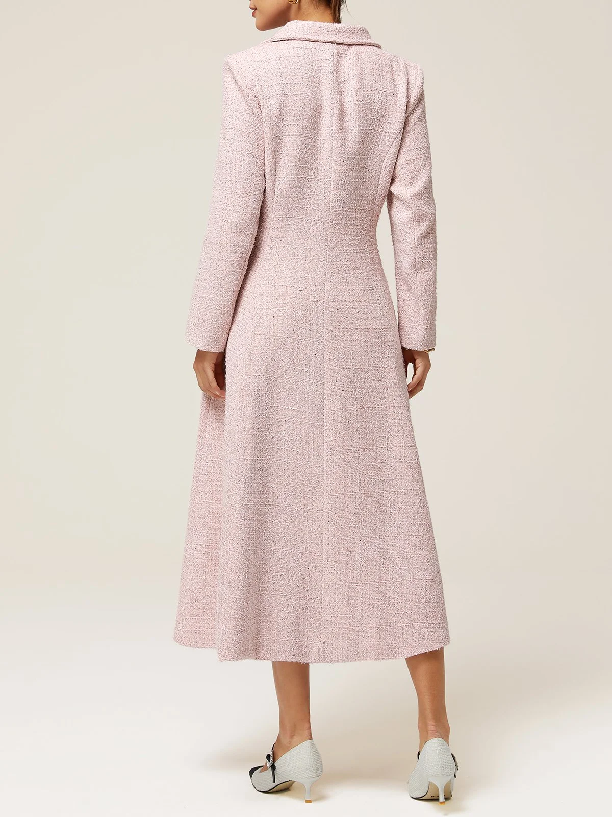 Pink Buckle Shawl CollarA-Line Blazer Midi Tweed Blazer Dress