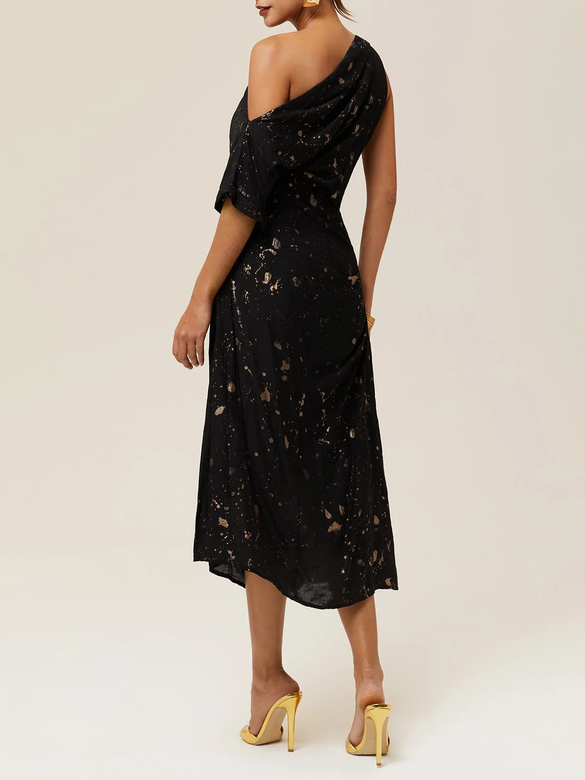 Black Stamped Bronzing Classic One Shoulder Sleeveless A-Line Midi Dress