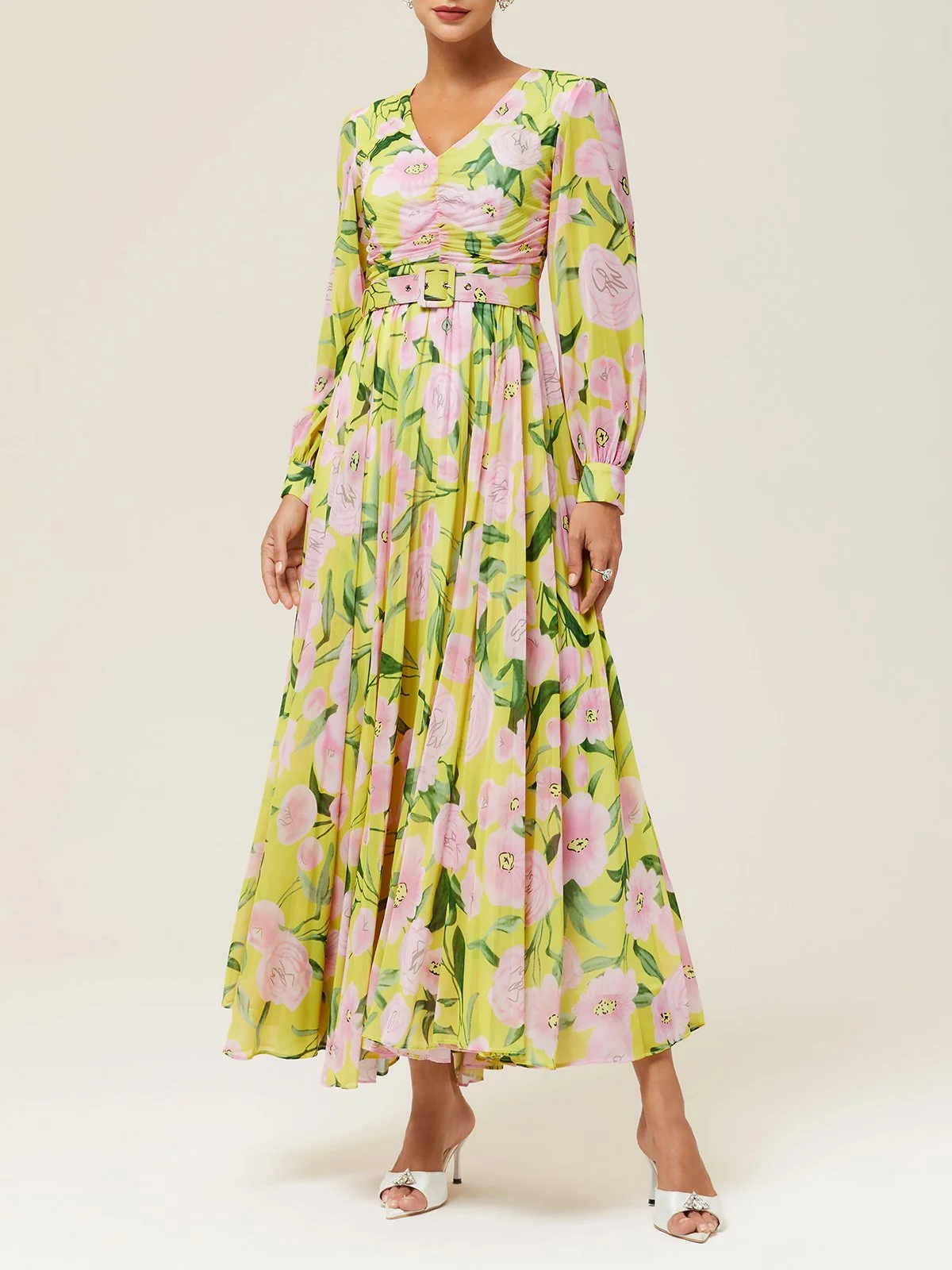 Yellow Floral Pleated Chiffon V Neck Long Sleeve Balloon Sleeve A-Line Maxi Dress