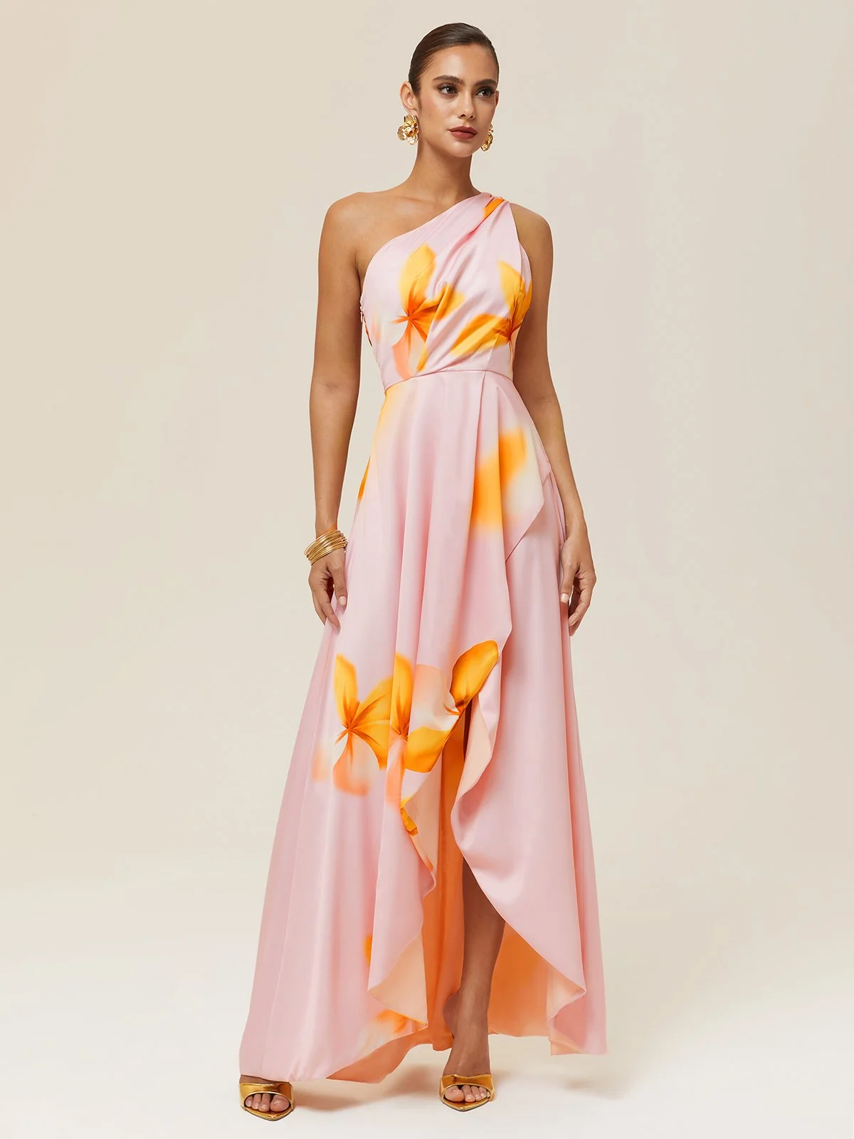 Orange Pink Floral One-Shoulder Slit A-Line Gown