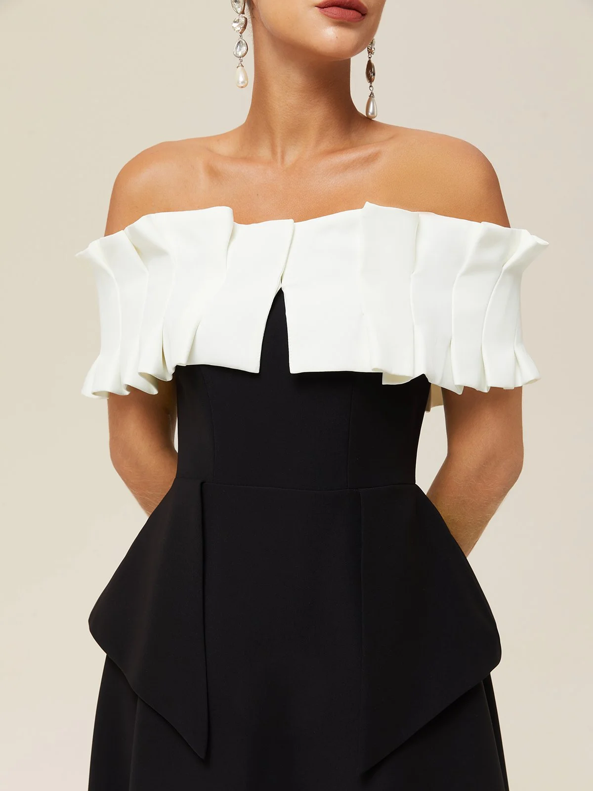 Black Ruched Classic Off The Shoulder Short Sleeve A-Line Midi Dress