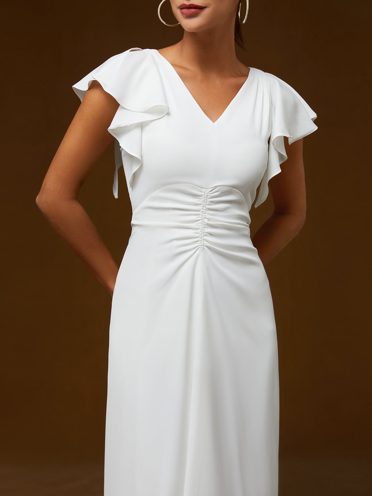 White Peplum V Neck Sleeveless A-Line Midi Dress