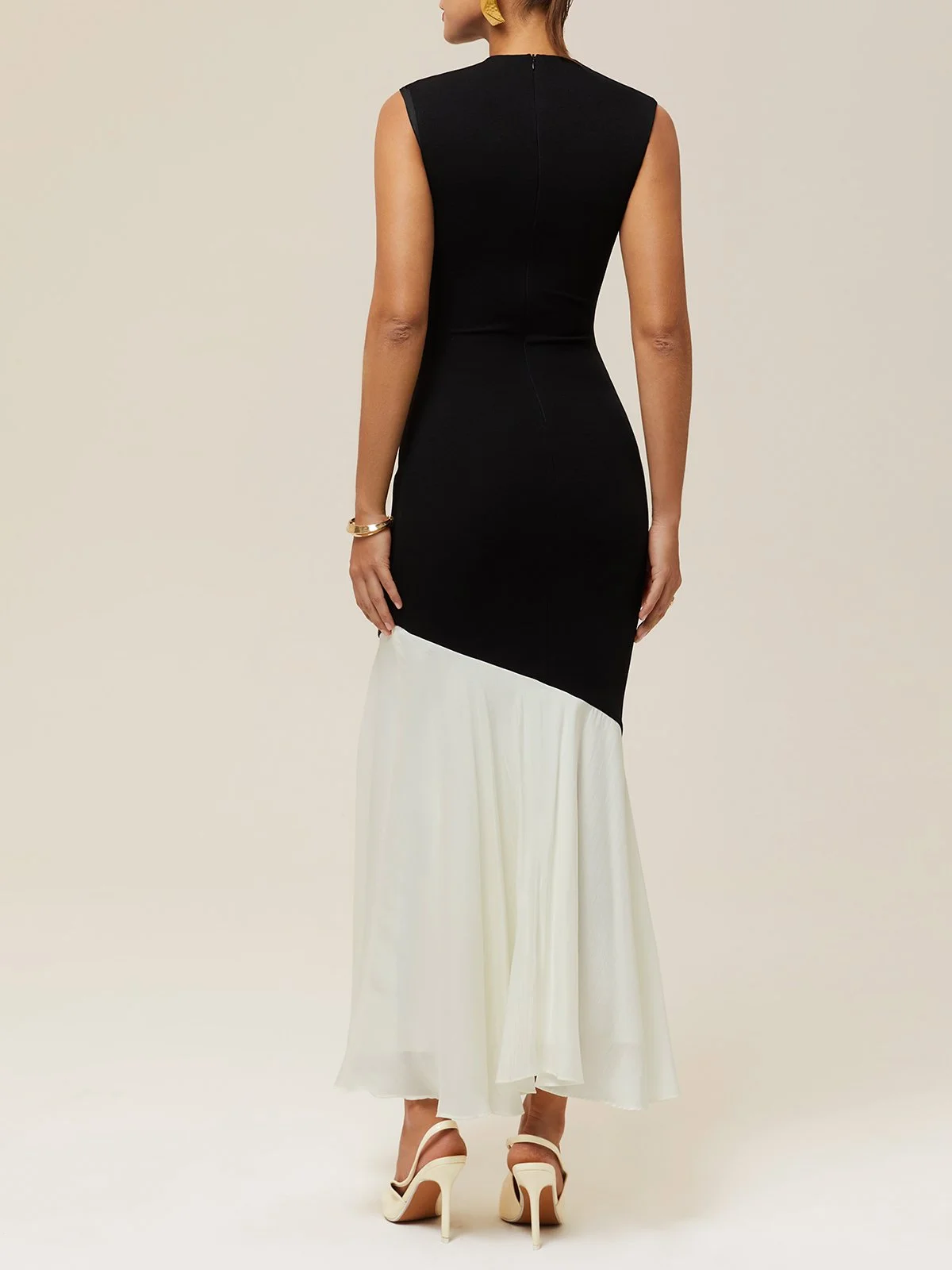 Black Chiffon Color Block Crew Neck Sleeveless Sheath Midi Dress