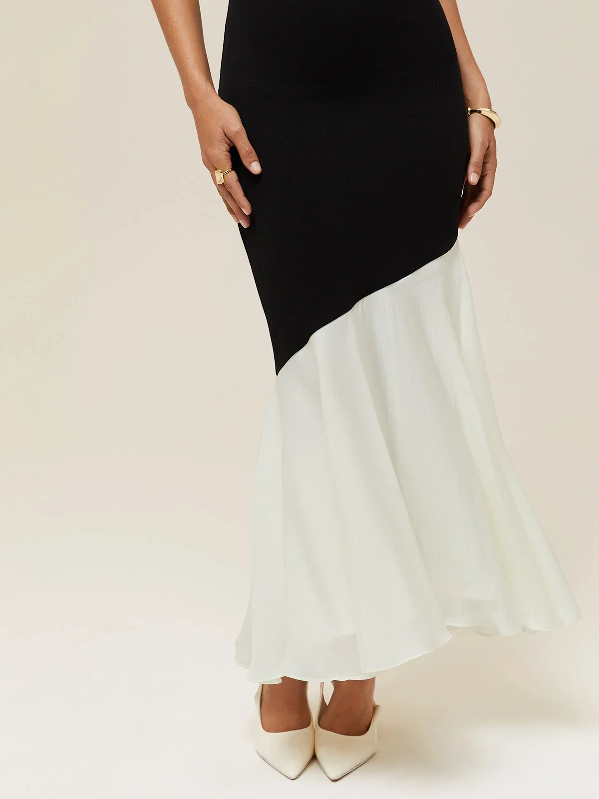 Black Chiffon Color Block Crew Neck Sleeveless Sheath Midi Dress