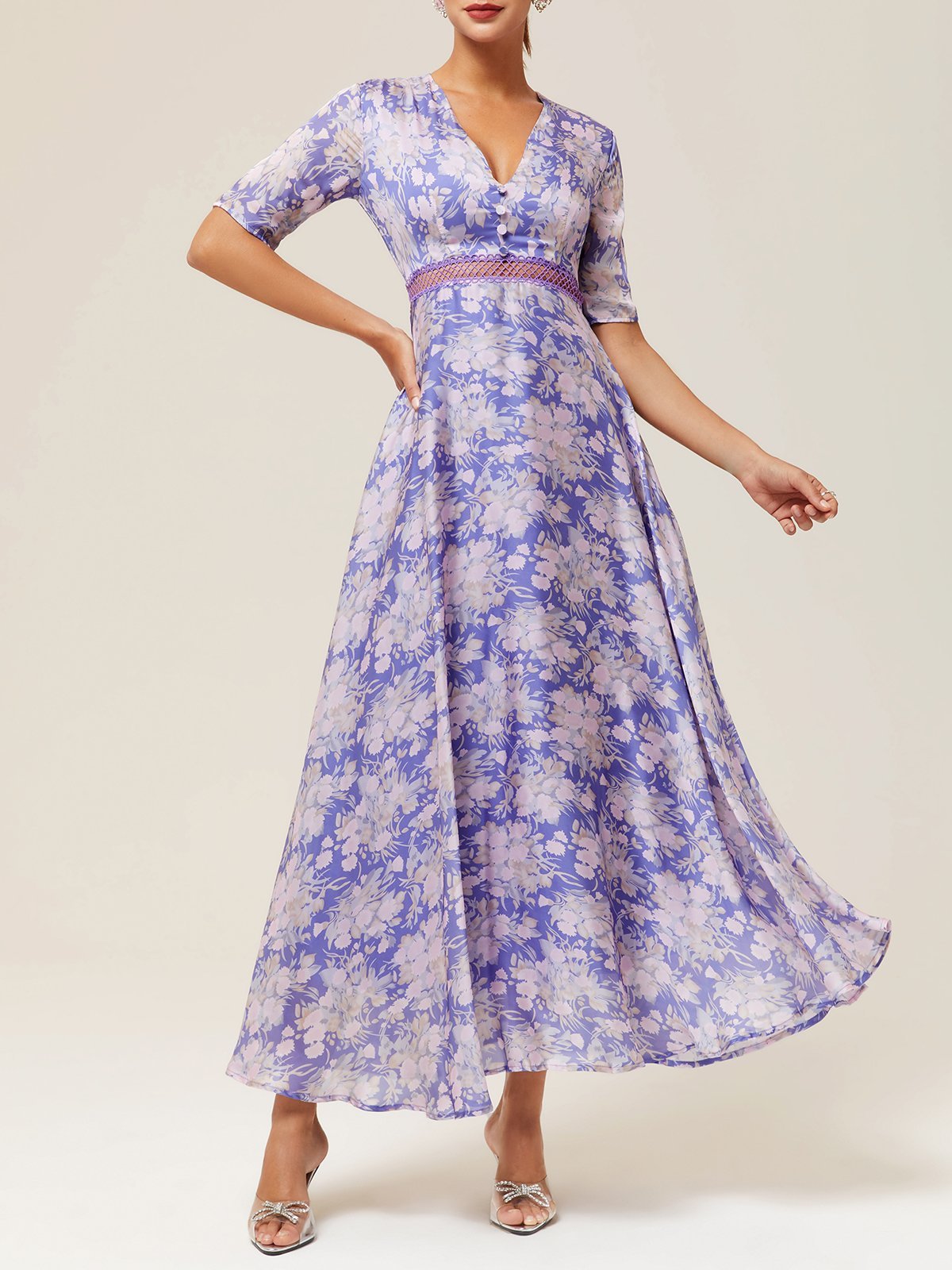 Purple Floral Short Sleeve A-Line Maxi Chiffon Dress