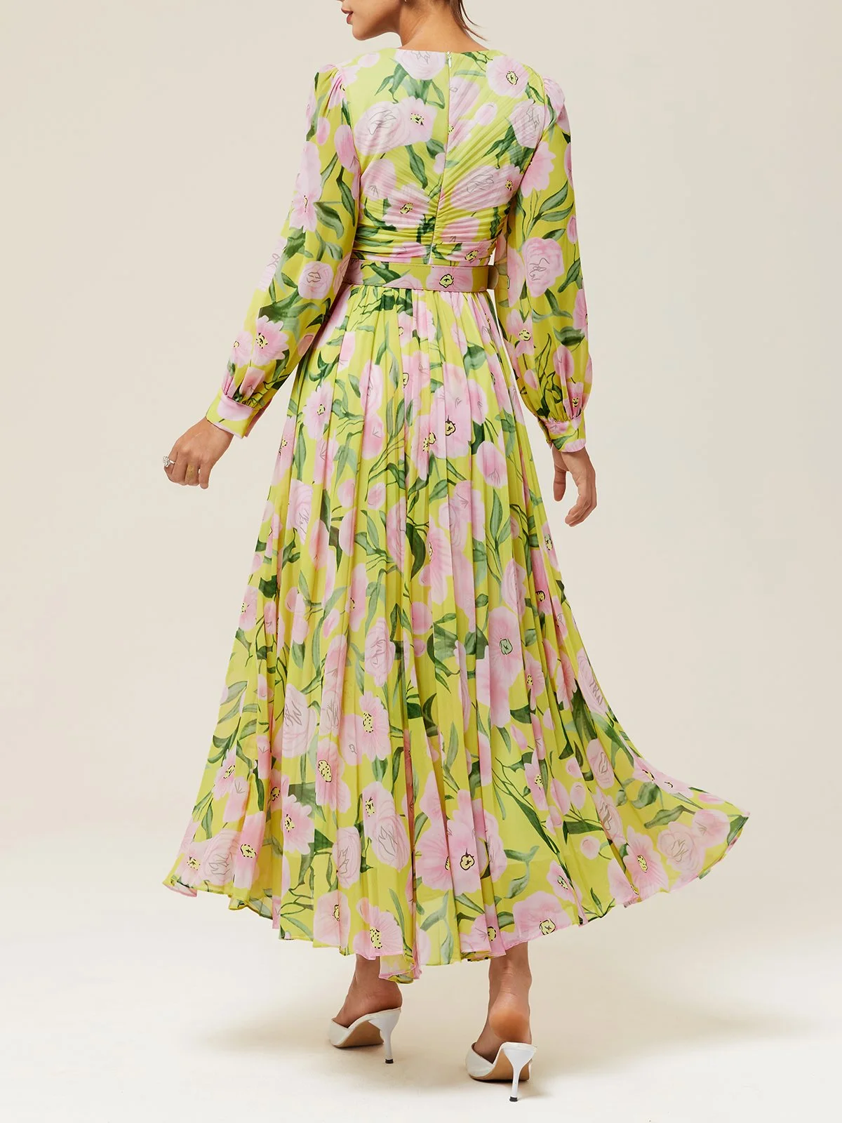 Yellow Floral Pleated Chiffon V Neck Long Sleeve Balloon Sleeve A-Line Maxi Dress