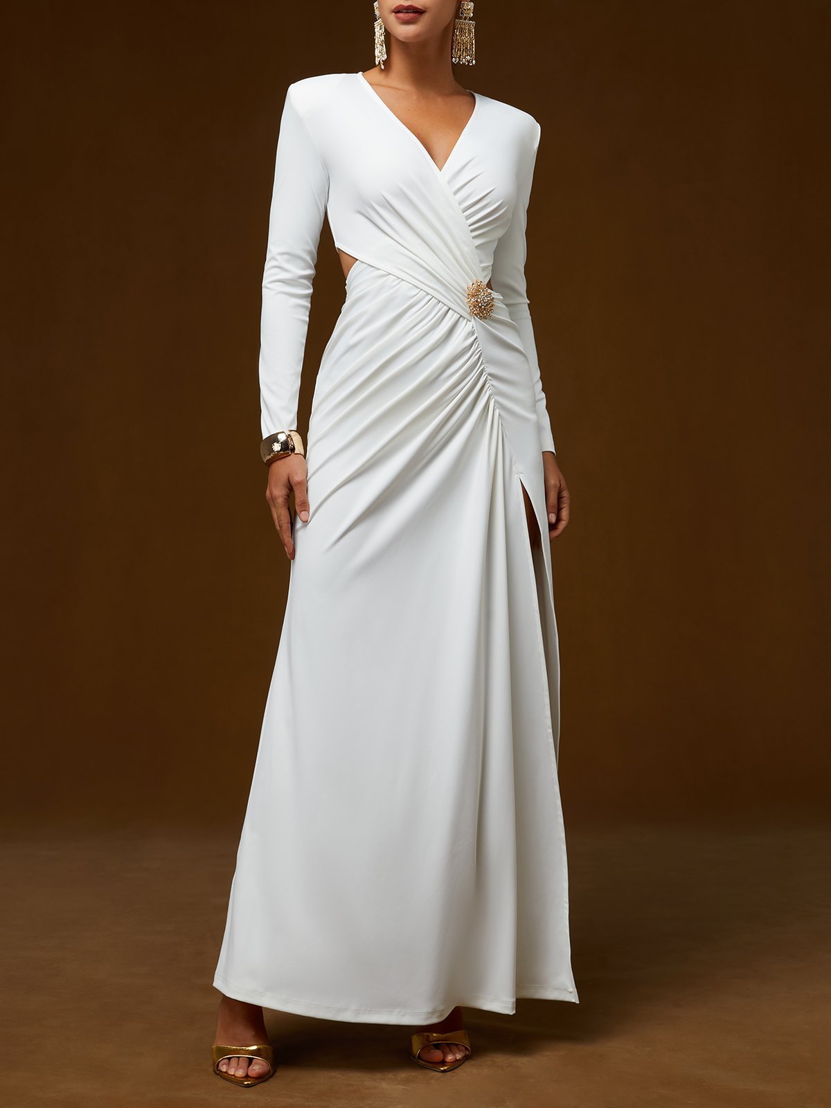 White Rhinestone V Neck Long Sleeve Sheath Maxi Dress