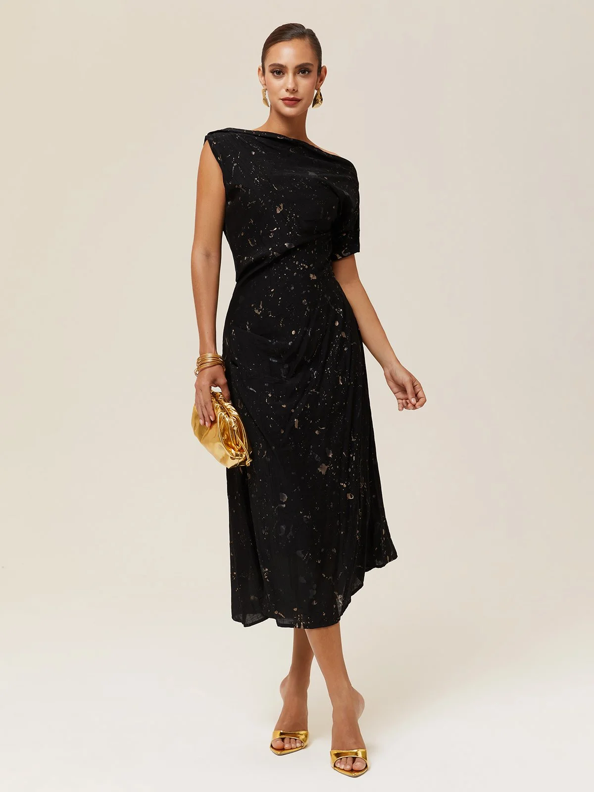 Black Stamped Bronzing Classic One Shoulder Sleeveless A-Line Midi Dress