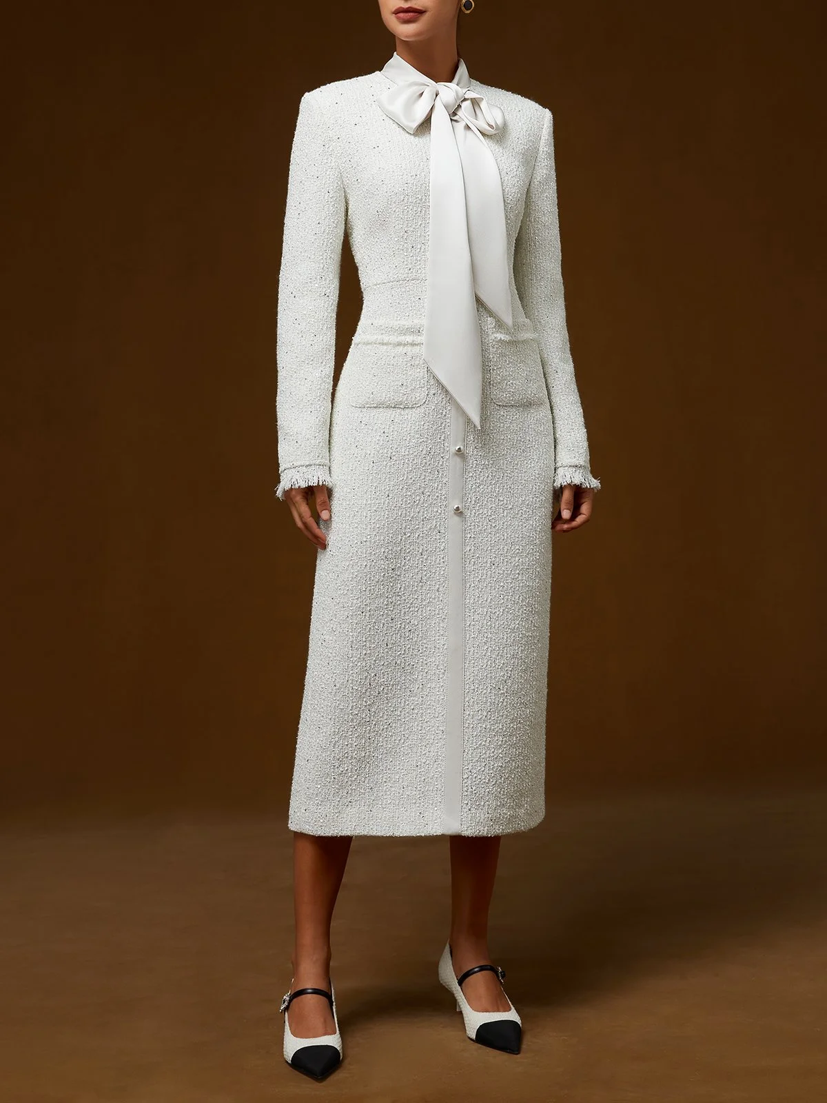 White Bow Long Sleeve Sheath Midi Tweed Blazer Dress