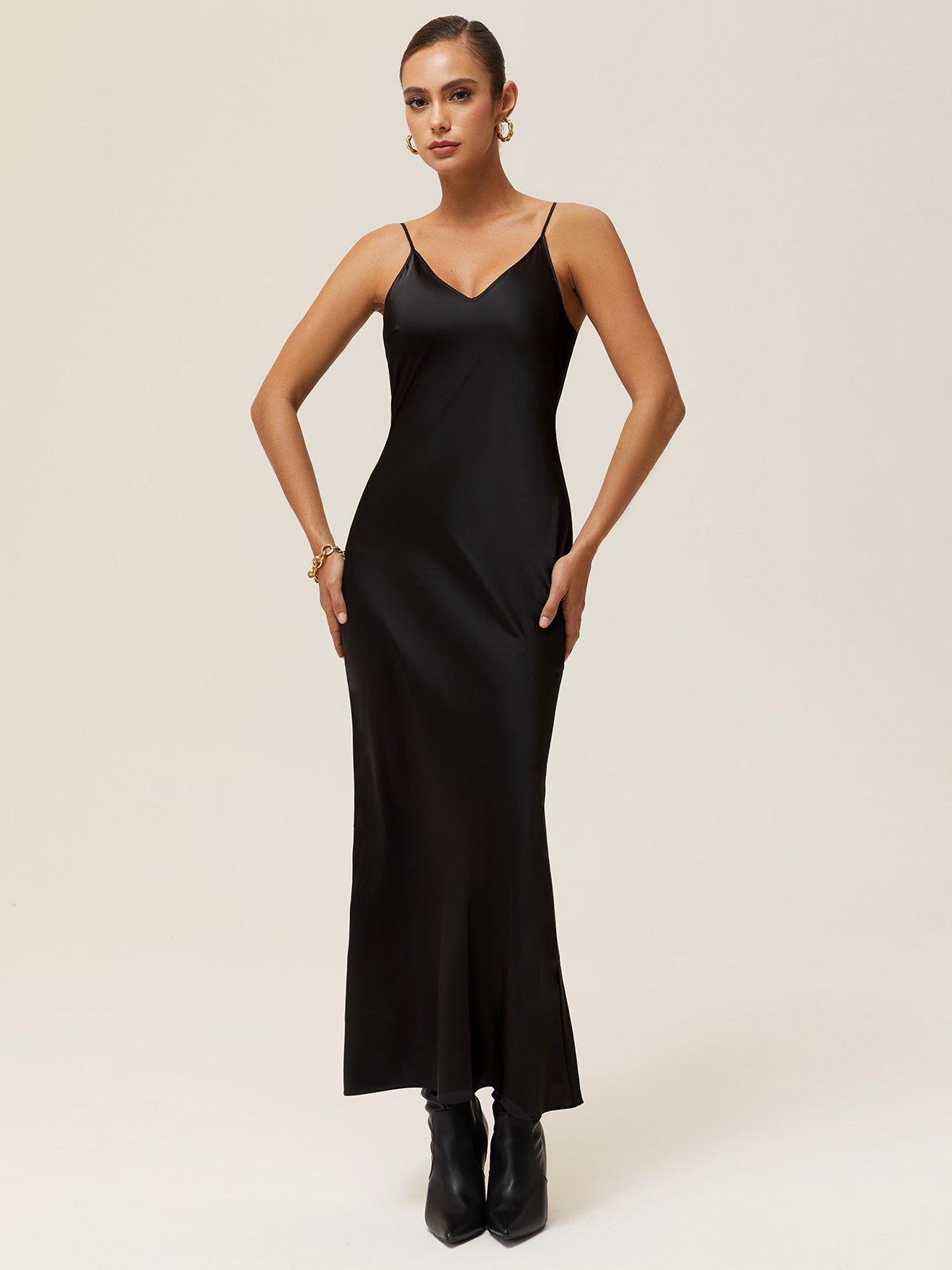 Black Satin Spaghetti Gallus Sheath Midi Dress