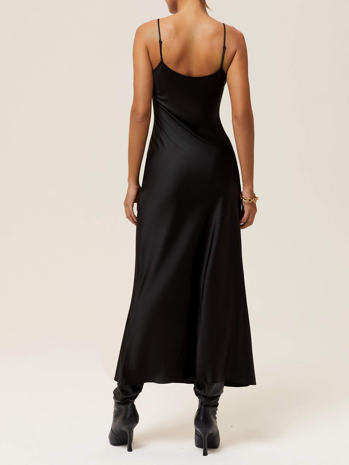 Black Satin Spaghetti Gallus Sheath Midi Dress