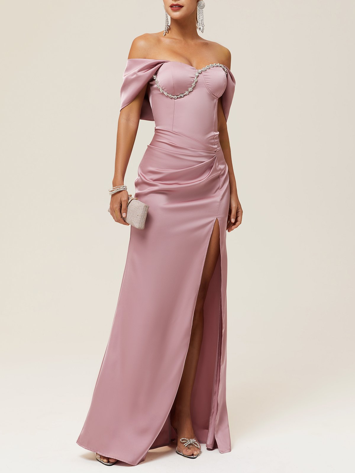 Pink Side-Slit Off The Shoulder Mermaid Gown Formal Dress 