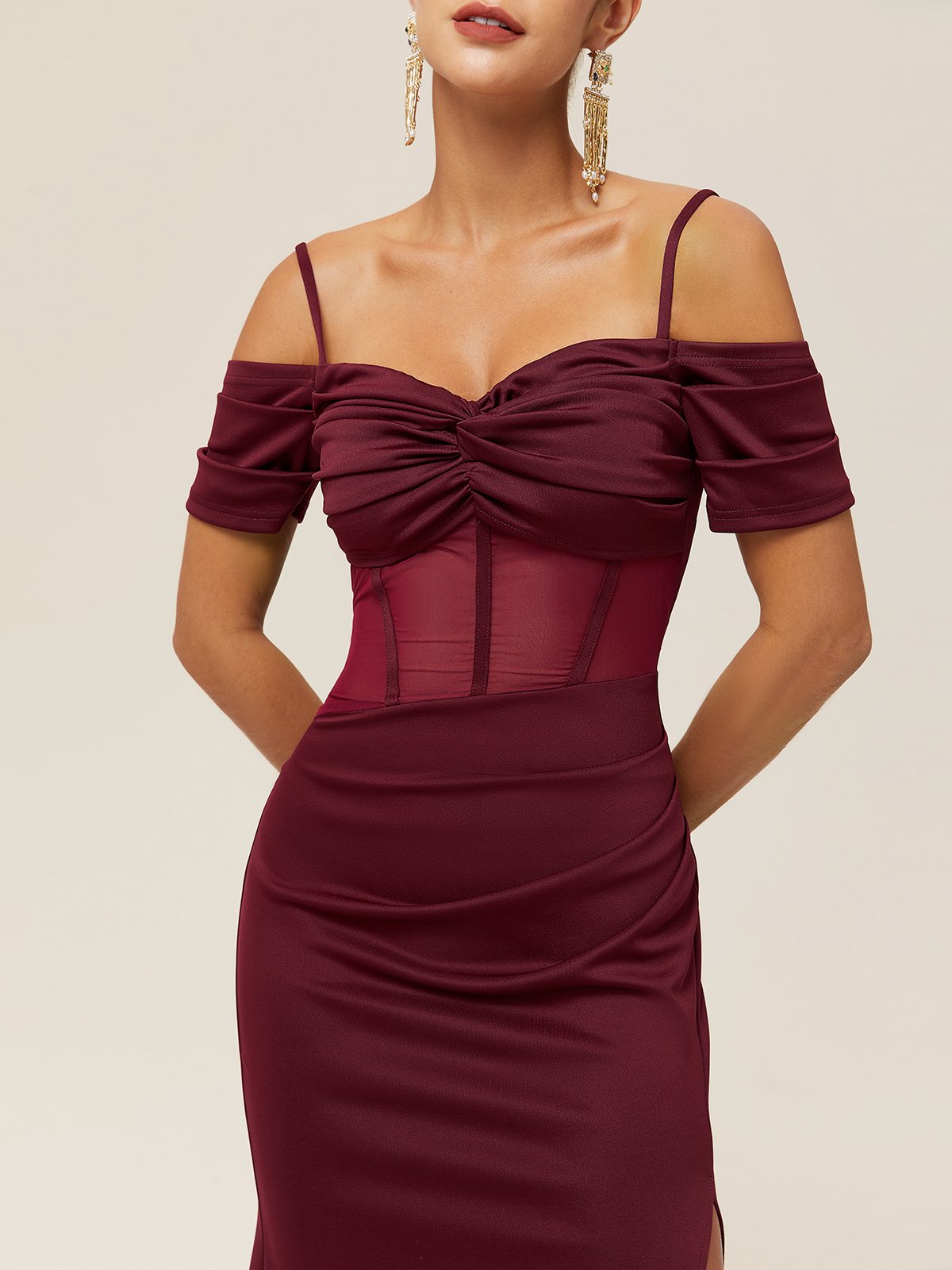 Wine Red Mesh Ruched Classic Off The Shoulder Short Sleeve Sheath Gown Dress