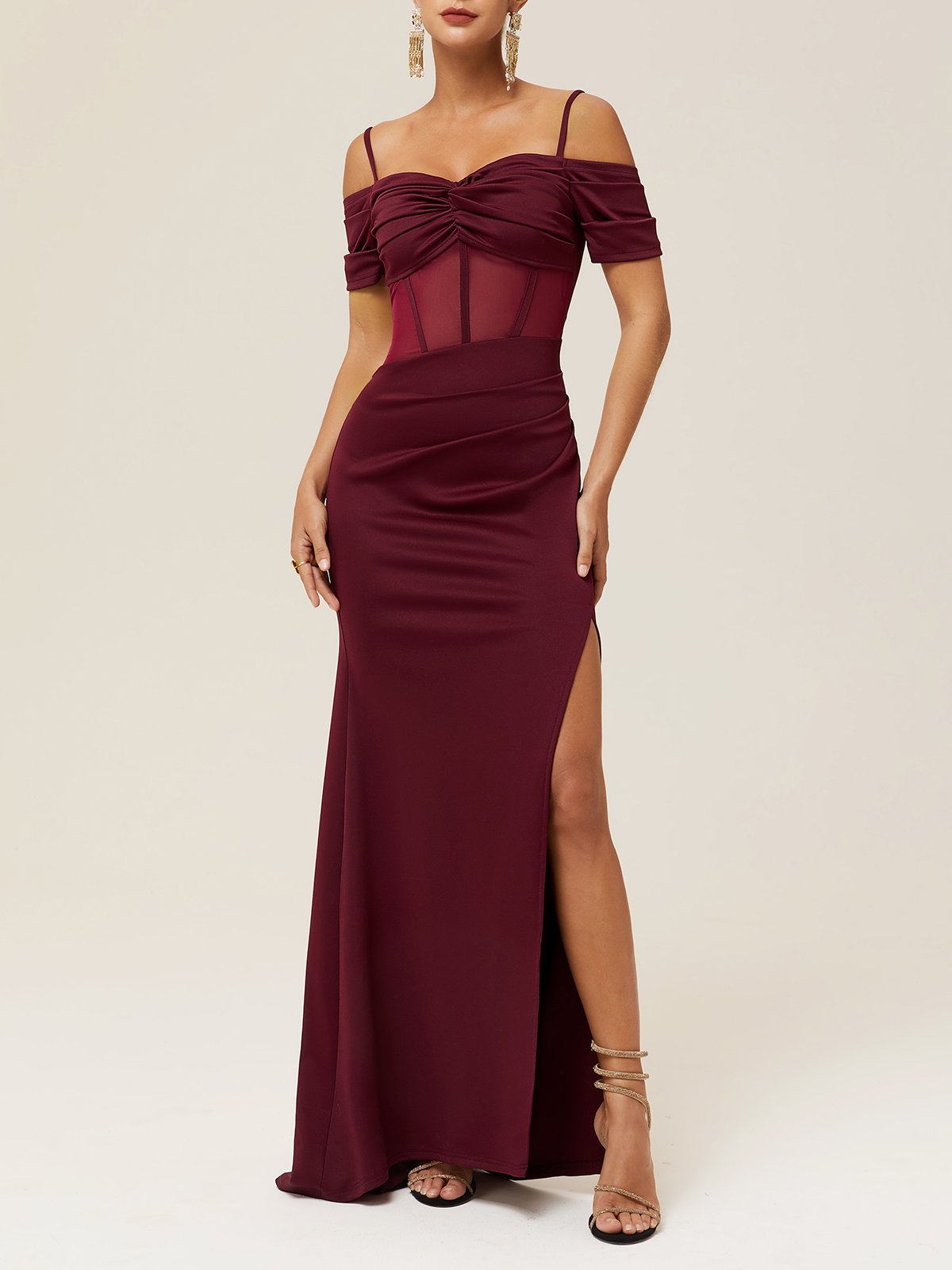 Wine Red Mesh Ruched Classic Off The Shoulder Short Sleeve Sheath Gown Dress