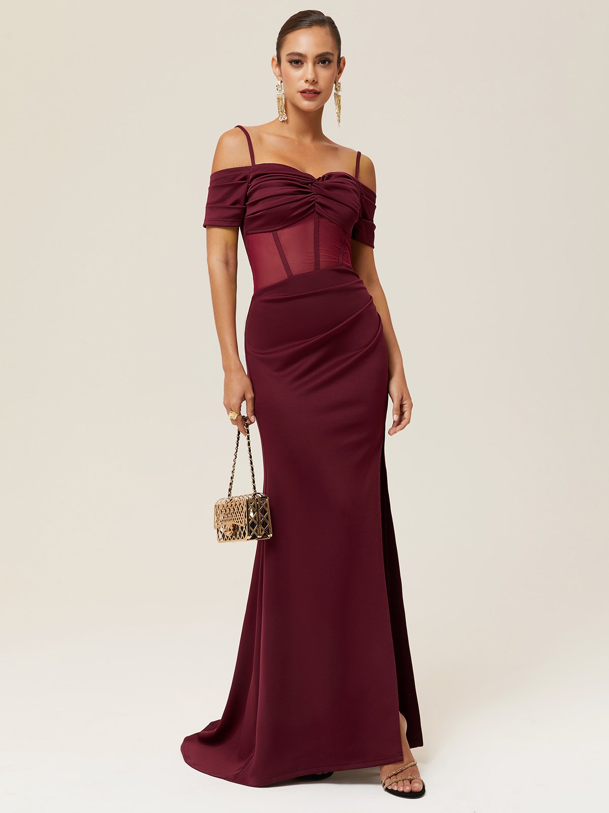 Wine Red Mesh Ruched Classic Off The Shoulder Short Sleeve Sheath Gown Dress