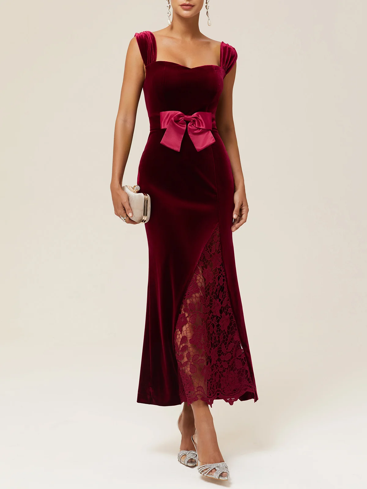 Wine Red Lace Bow Sleeveless Mermaid Maxi Velvet Dress