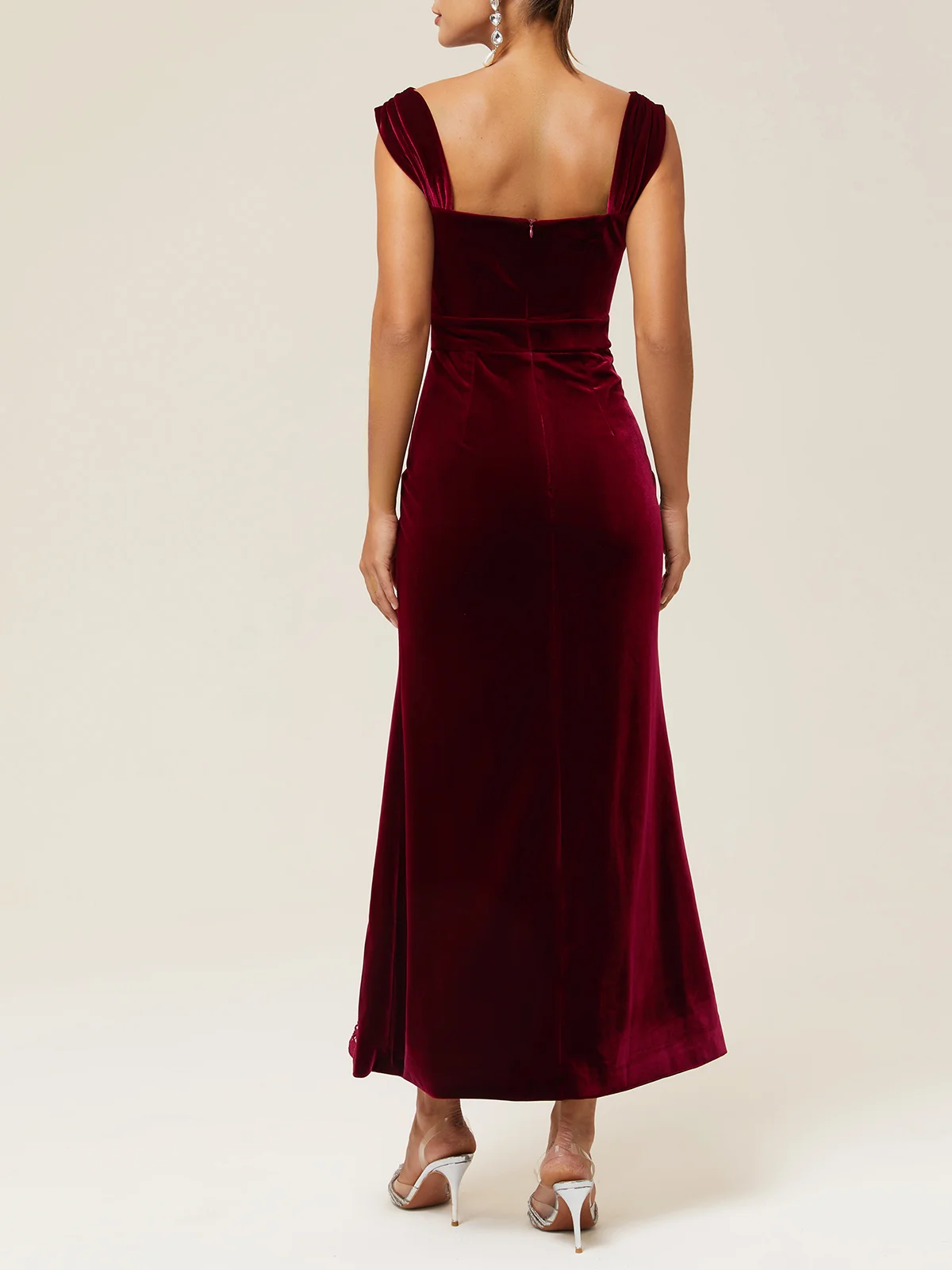 Wine Red Lace Bow Sleeveless Mermaid Maxi Velvet Dress