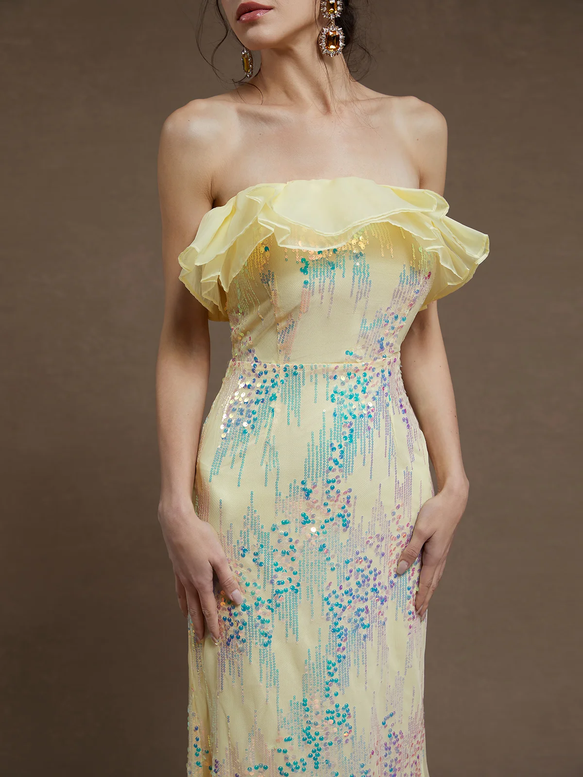 Light Yellow Peplum Strapless Mermaid Maxi Sequin Dress