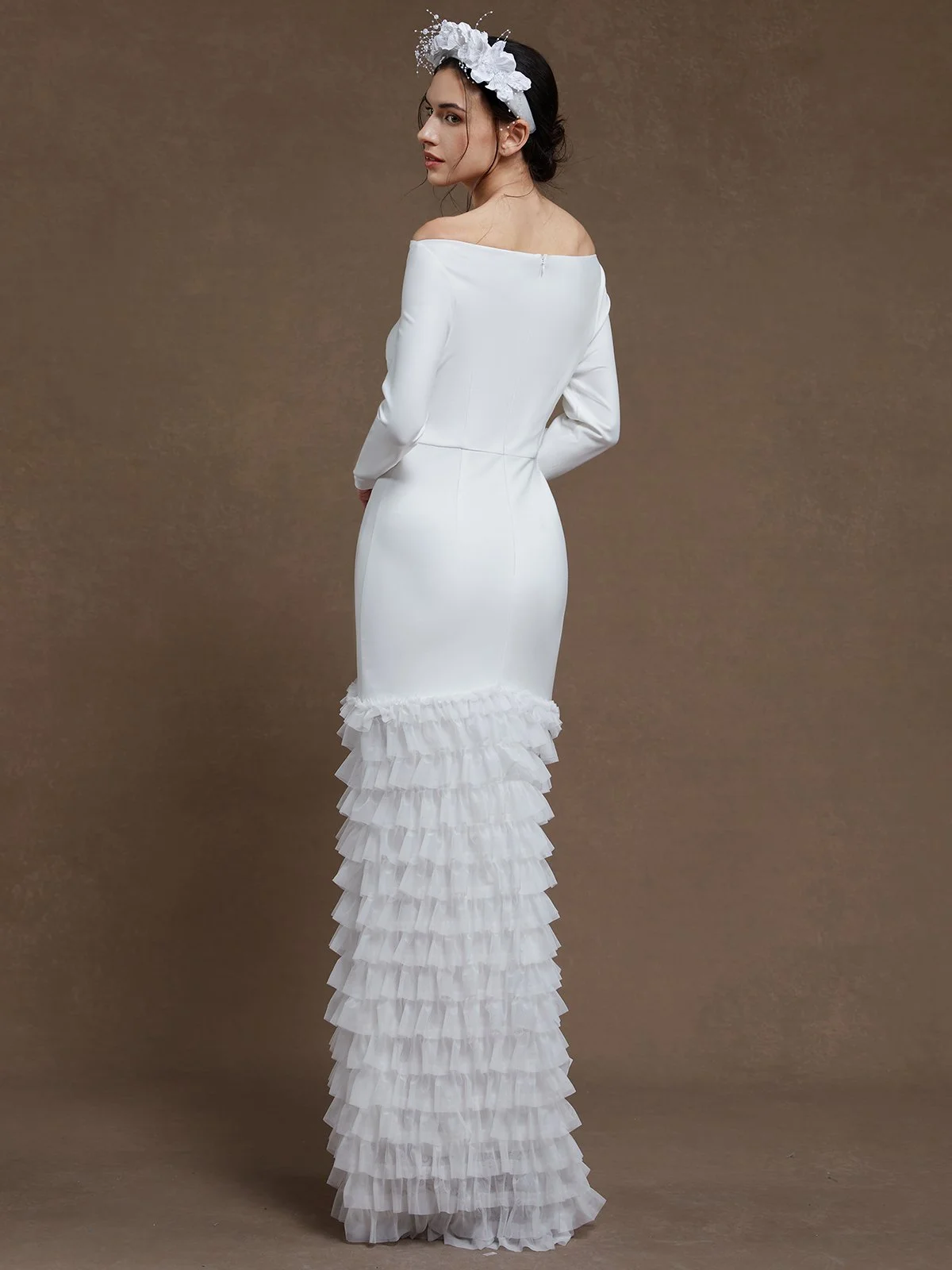 Off White Ruched Classic Off The Shoulder Long Sleeve Mermaid Gown