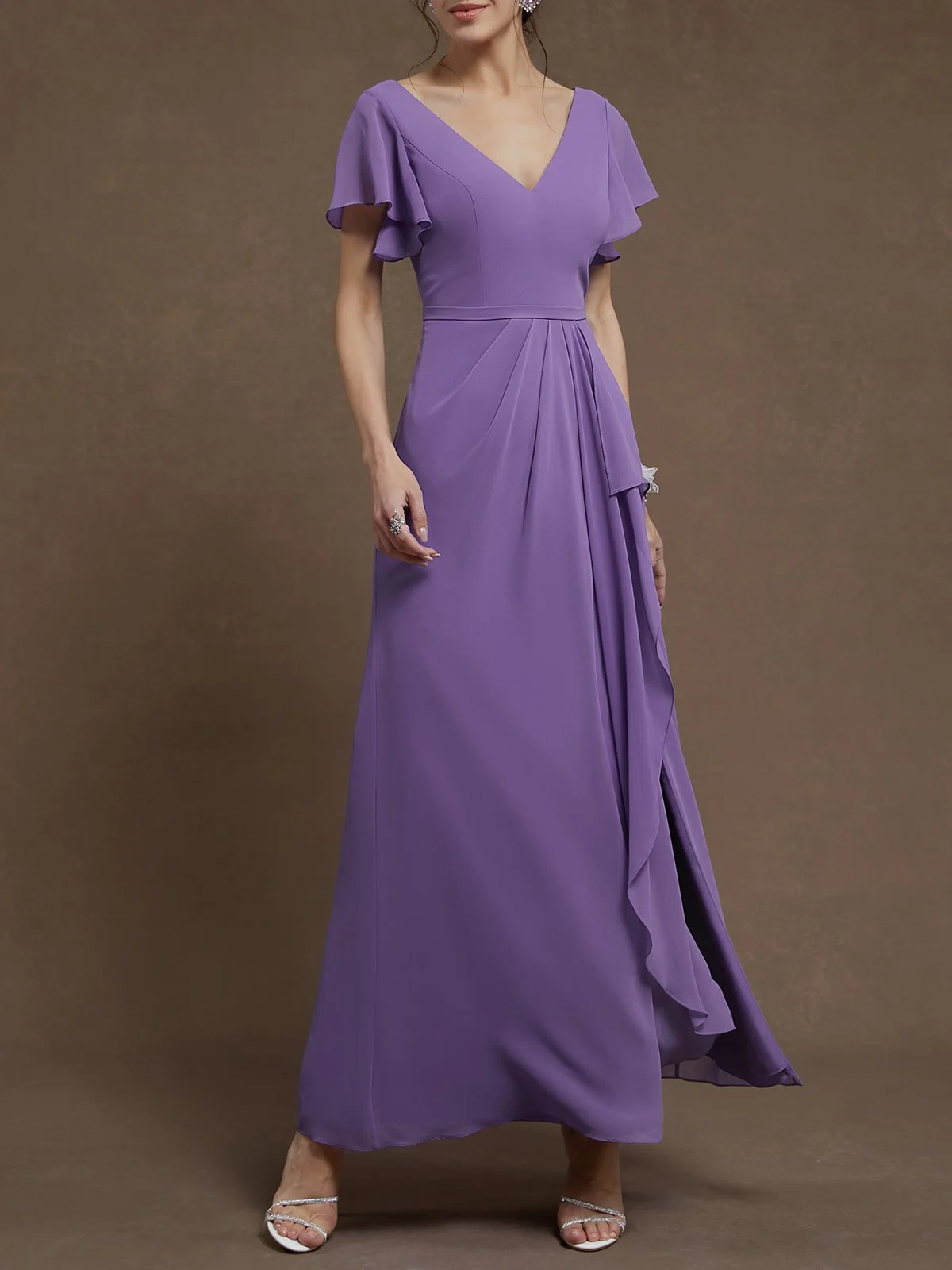 Purple Ruched V Neck Ruffle Sleeve A-Line Maxi Chiffon Dress