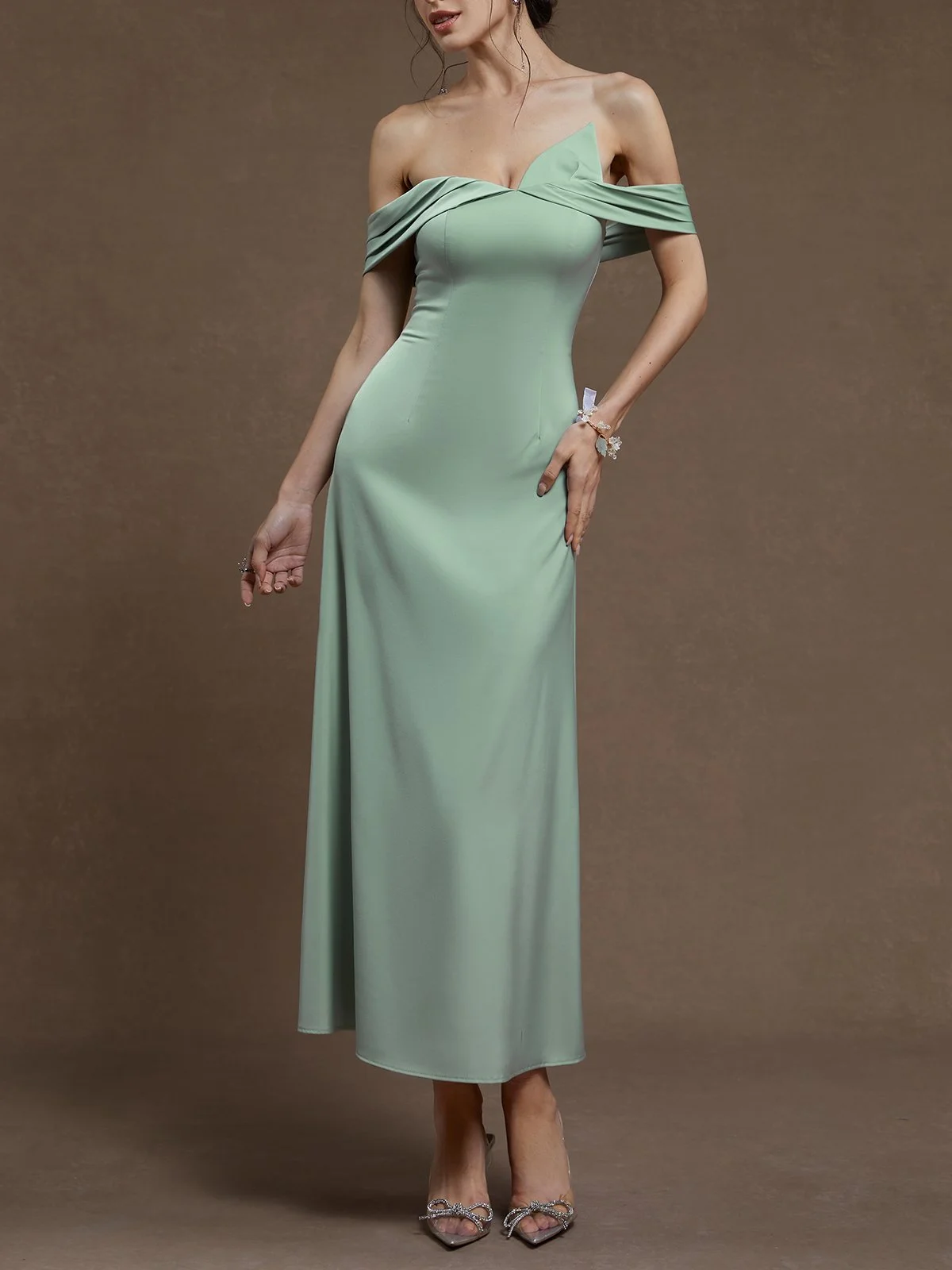 Lightgreen Ruched Satin Off The Shoulder Short Sleeve A-Line Maxi Dress