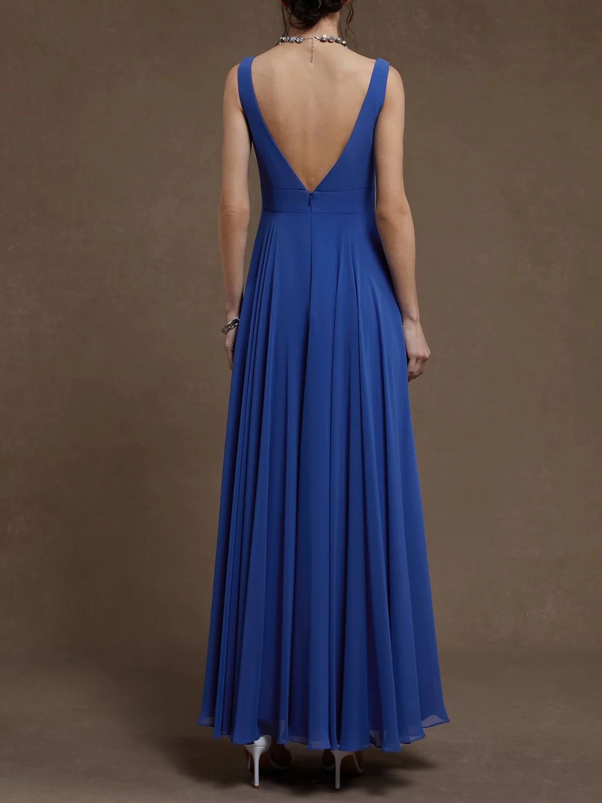 Blue Ruched V Neck Sleeveless A-Line Maxi Chiffon Dress