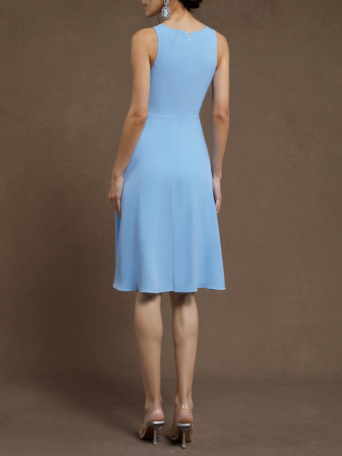 Light Blue Asymmetric Classic Crew Neck Sleeveless A-Line Midi Dress