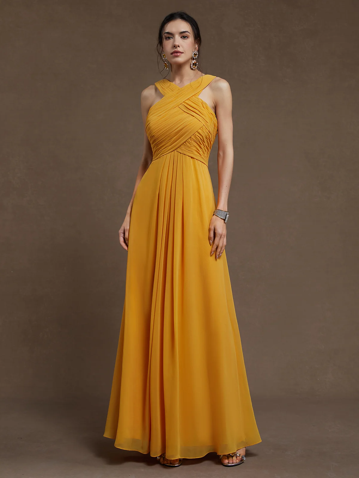 Yellow Ruched Cross Neck Sleeveless Mermaid Maxi Chiffon Dress