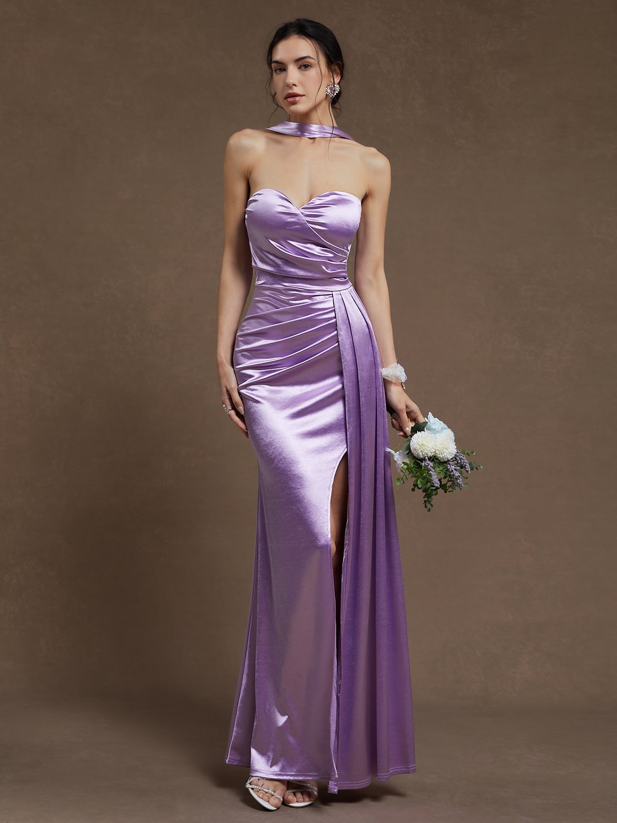 Purple Ruched Strapless Sleeveless Mermaid Satin Dress